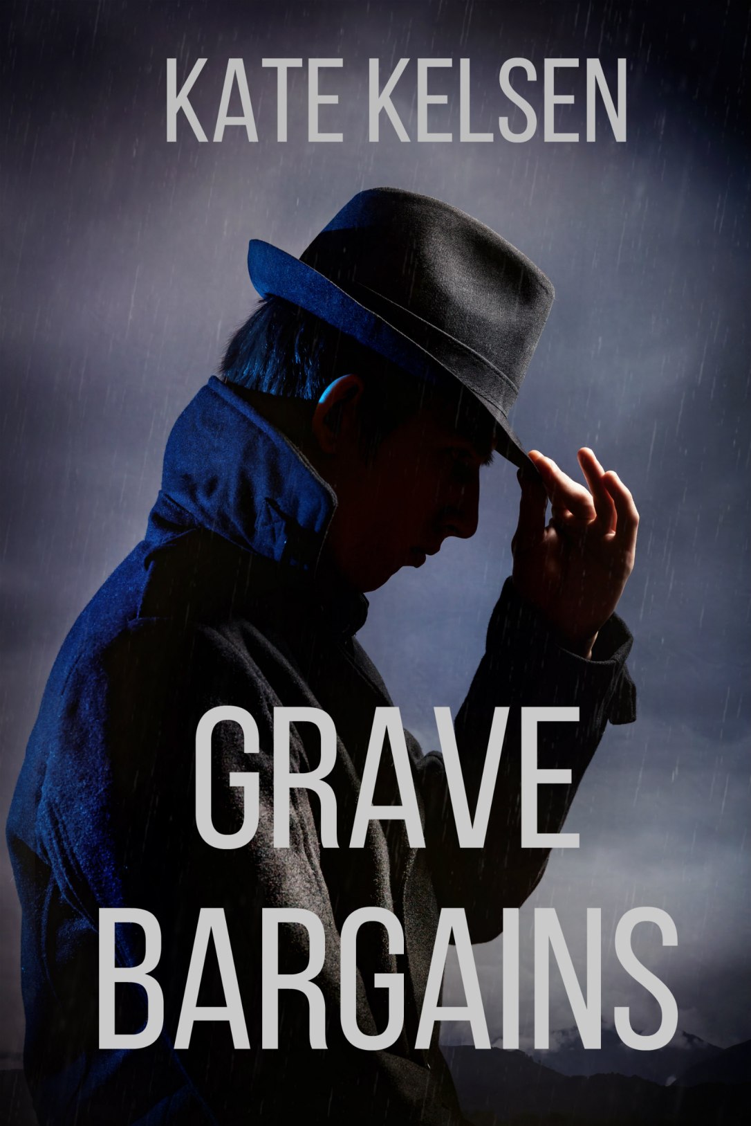 Man in black hat in the rain at dark overcast sky